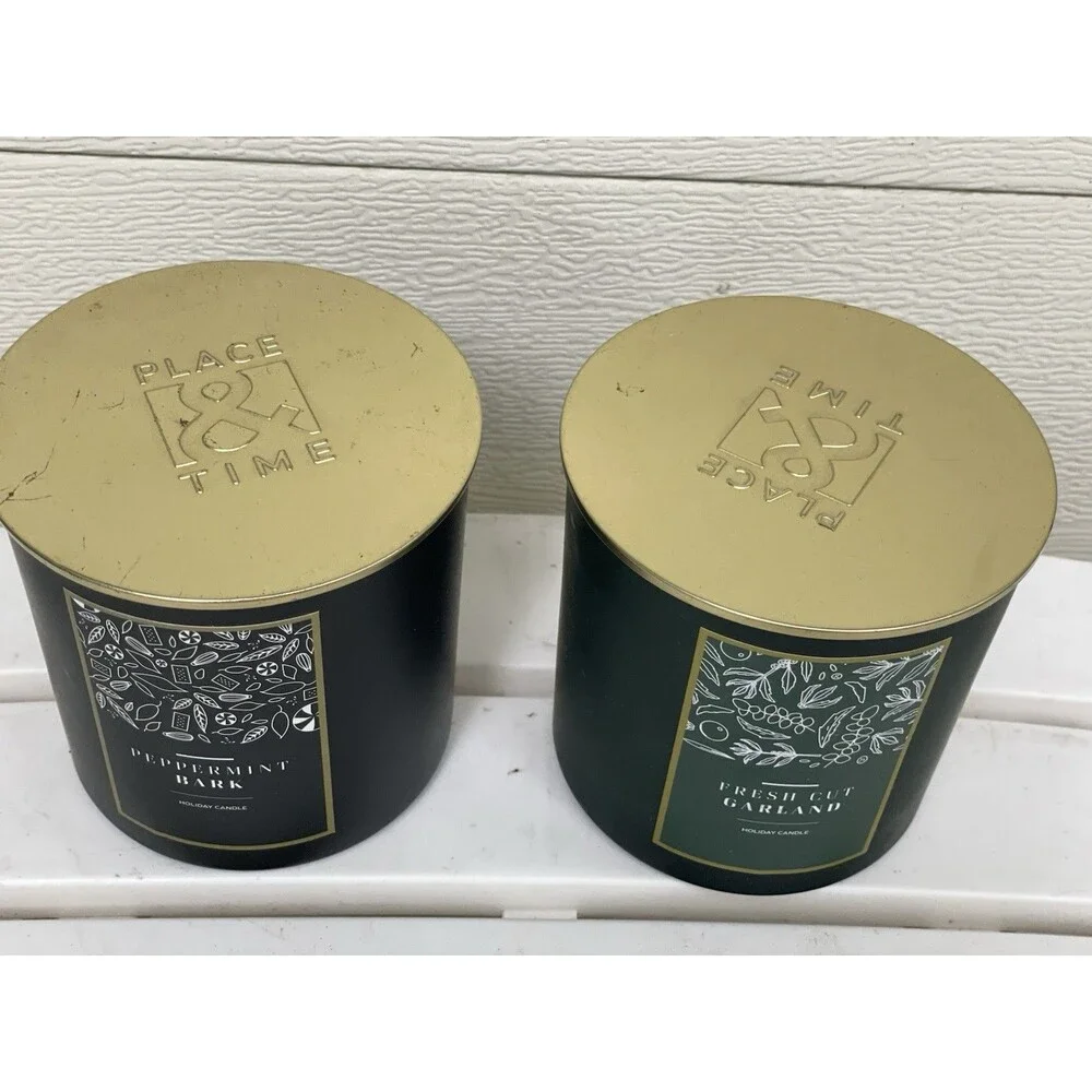 Lot of 2 Place & Time 3-Wick Scented Holiday Candles Peppermint Bark & Fresh Gar